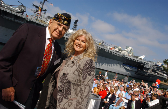 Palisadian Emil Wroblicky, California chairman of the American Legion fundraising campaign, visited entertainer Connie Stevens at a military tribute to Bob Hope, adjacent to the USS Midway in San Diego harbor.
